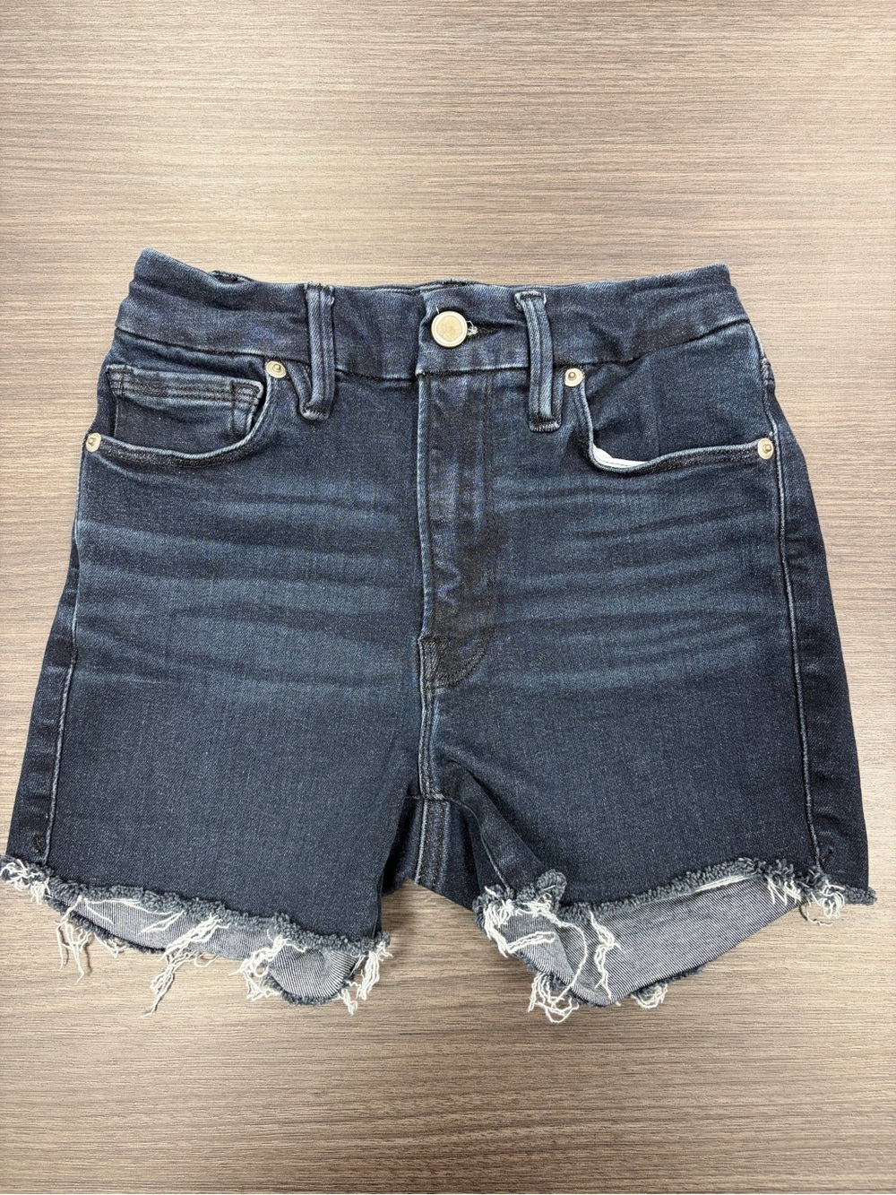 Good American High-Rise Dark Blue Denim Cutoff Stretch Shorts